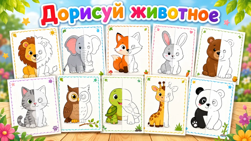 Дорисуй и раскрась (Животные)