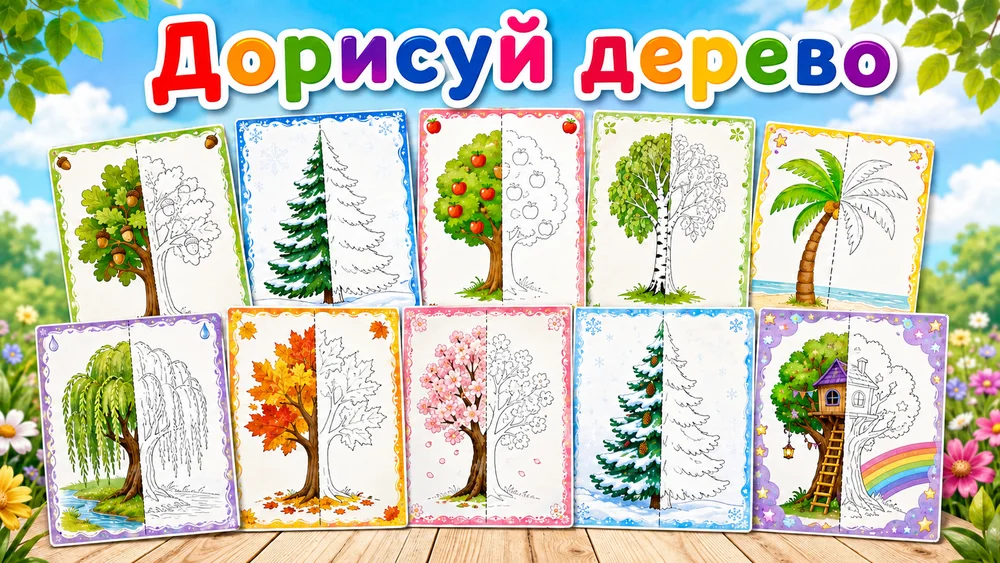 Дорисуй и раскрась (Деревья)