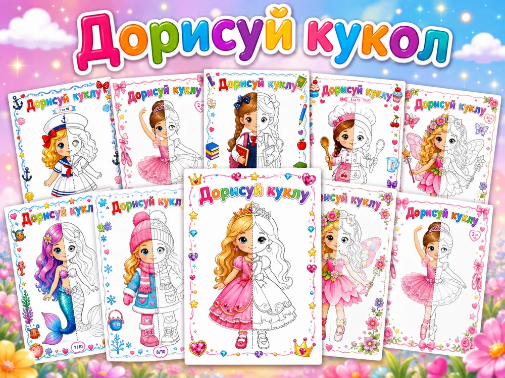 Дорисуй и раскрась (Куклы)